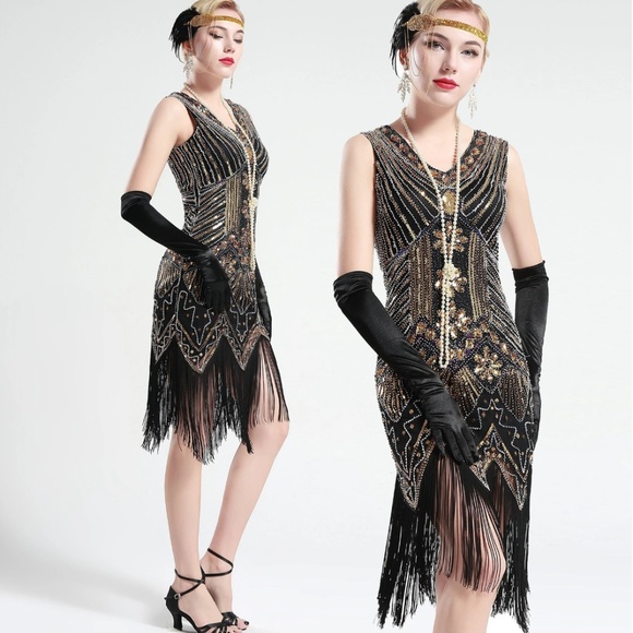 Black and Gold glass beaded Fringe Flapper Dress - Picture 1 of 8